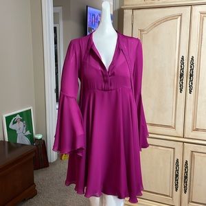 SPORTMAX CODE by MaxMara Deep V-Neck Bell Sleeve A Line Mini Dress Fuscia 6 NWT